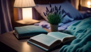 hypnosis, hypnotherapy, health A bed with an open book and a lamp on it, providing tips for better sleep.
