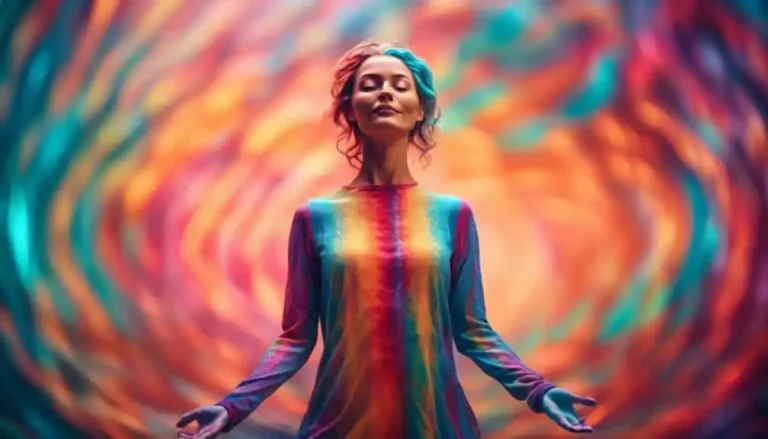 hypnosis, hypnotherapy, health A woman in a colorful dress is meditating in front of a colorful swirl.