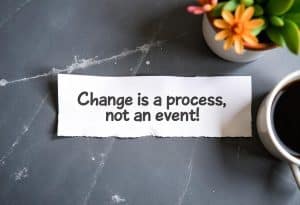 hypnosis, hypnotherapy, health A piece of paper with the text "Change is a process, not an event!" next to a cup of black coffee and a small potted succulent on a gray marble surface.