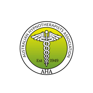 Logo of the Australian Hypnotherapists Association featuring a caduceus symbol with wings over a green background. Text around the logo reads "Australian Hypnotherapists Association Est 1949 AHA," highlighting its commitment to hypnotherapy and self-hypnosis.