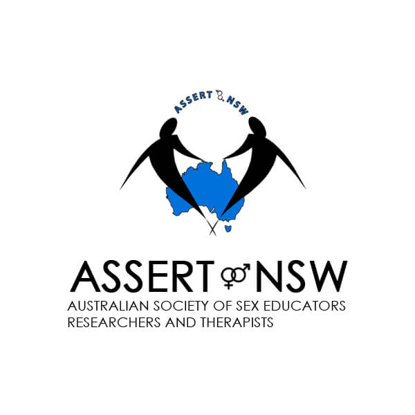 Logo of the Australian Society of Sex Educators Researchers and Therapists (ASSERT NSW) featuring two stylized figures holding hands over a blue map of Australia, emphasizing a holistic approach that includes hypnotherapy and self-hypnosis.