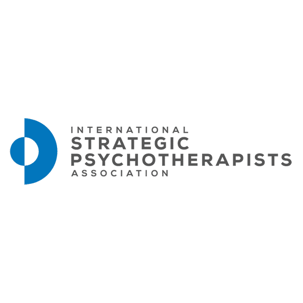 Logo of the International Strategic Psychotherapists Association featuring a blue and gray circular design next to the association's name in gray text, subtly incorporating elements of self-hypnosis.