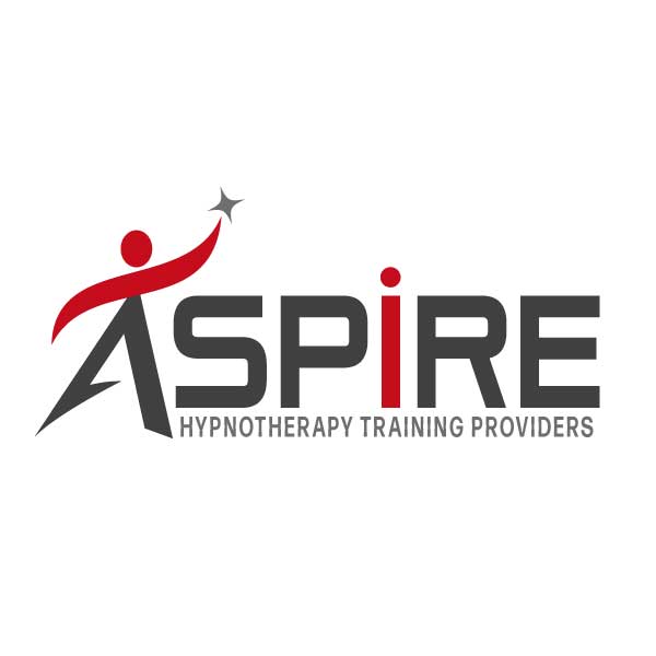 Logo for Aspire Hypnotherapy Training Providers. The text includes a stylized "A" with a figure reaching for a star, all in red and gray, symbolizing the transformative journey of hypnotherapy and self-hypnosis.