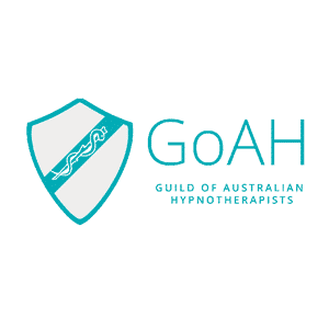 Logo of the Guild of Australian Hypnotherapists featuring a shield icon with a line design inside and the abbreviation "GoAH" next to the full name of the organization, symbolizing excellence in hypnotherapy and self-hypnosis practices.