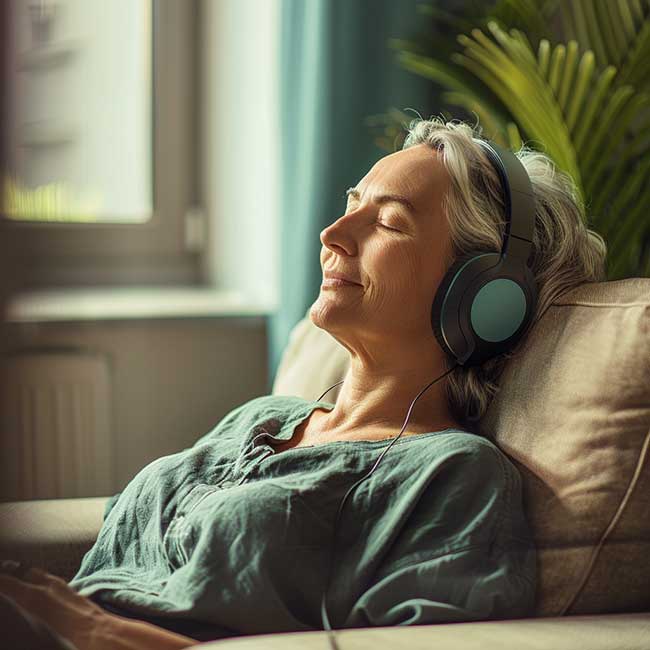 A woman with gray hair is sitting on a couch, wearing headphones and a relaxed expression, with eyes closed, in a sunlit room beside a window and a houseplant, likely practicing self-hypnosis.