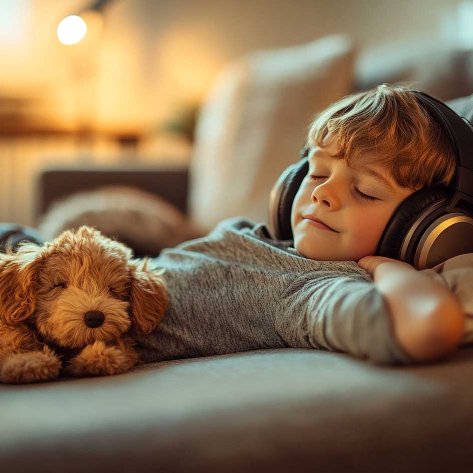 Young boy relaxing on couch, demonstrating child hypnotherapy techniques