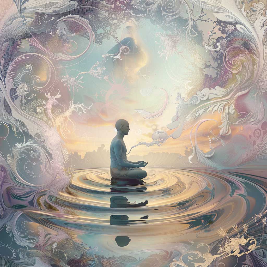 A Person Meditates In A Serene, Surreal Setting With Intricate, Swirling Designs. They Sit Cross-Legged On Water, Creating Ripples That Reflect The Colorful, Ethereal Sky And Abstract Patterns.