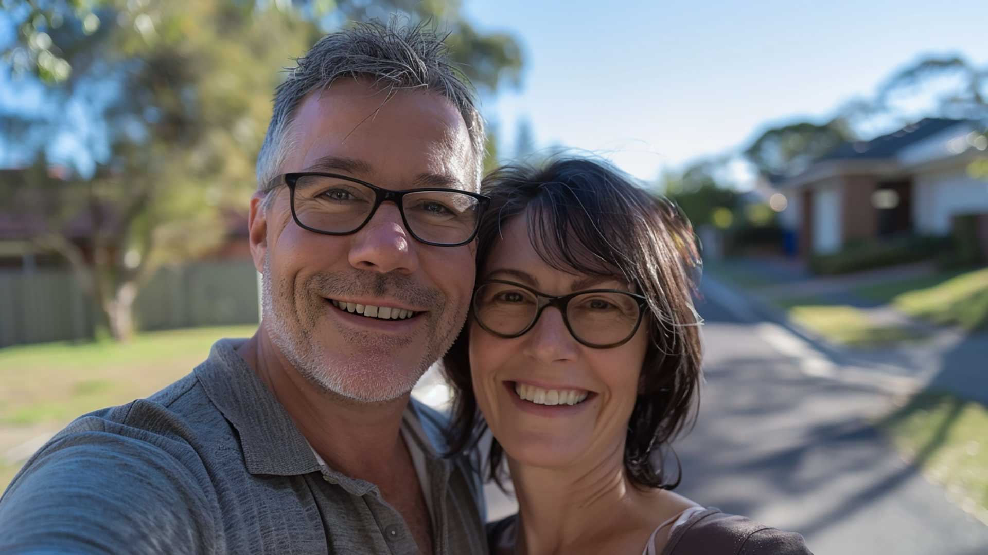 A Smiling Couple Wearing Glasses Takes A Selfie Outdoors On A Sunny Day In A Suburban Neighborhood.