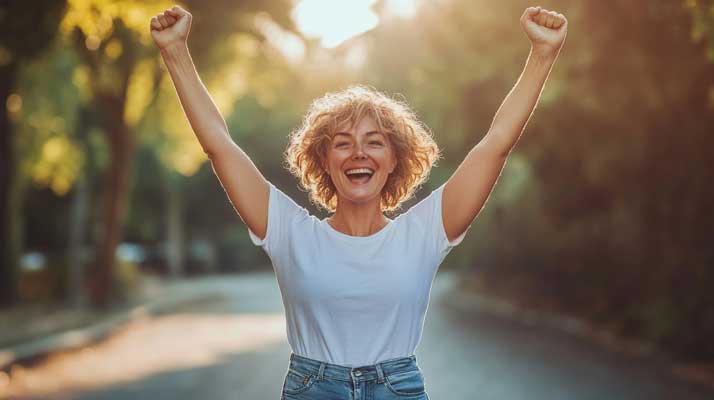 A Person With Curly Hair, Wearing A White T-Shirt And Jeans, Stands Outdoors With Arms Raised And Smiling, Lit By Warm Sunlight.