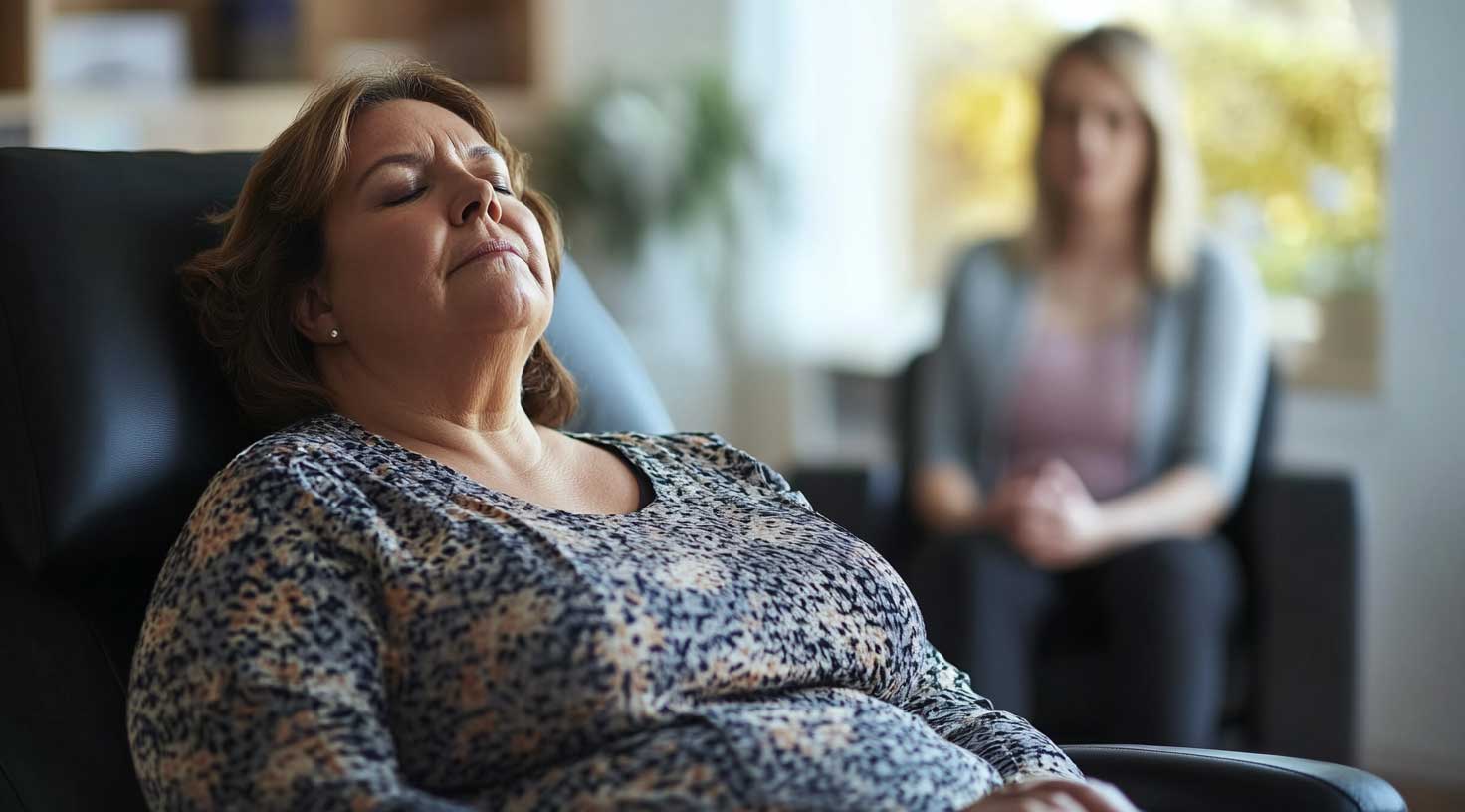 A Woman With Closed Eyes Sits On A Recliner, Appearing Relaxed, While Another Woman Sits In The Background, Slightly Out Of Focus.