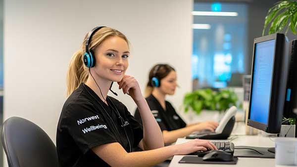 Two Women Wearing Headsets Work At Desks With Computer Monitors In An Office. One Woman In The Foreground Is Smiling At The Camera, While The Other Is Focused On Her Screen.