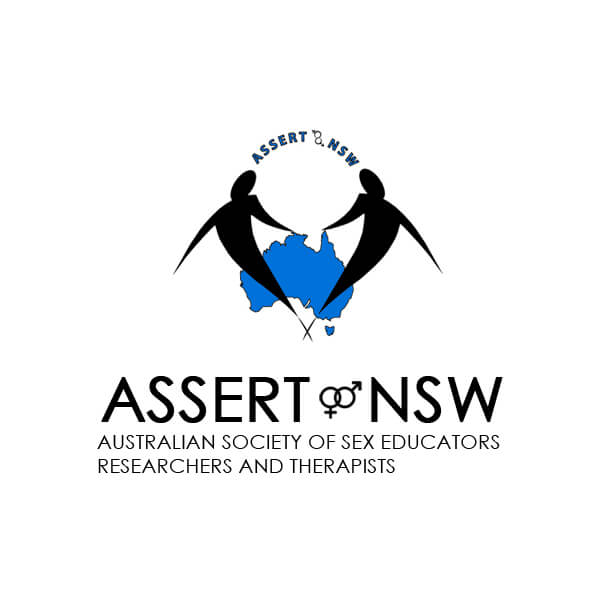 Assert Nsw Logo Featuring Two Stylized Human Figures Holding Hands Over A Blue Map Of Australia, With Text “Assert Nsw: Australian Society Of Sex Educators Researchers And Therapists” Below.