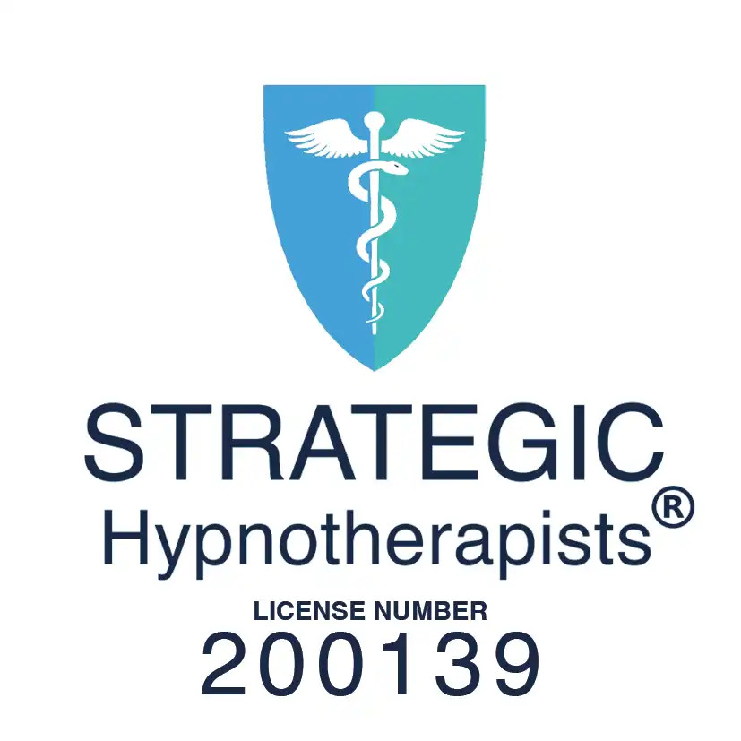 Blue And Green Shield Logo With Caduceus Symbol, Text Reads &Quot;Strategic Hypnotherapists,&Quot; Followed By &Quot;License Number 200139.