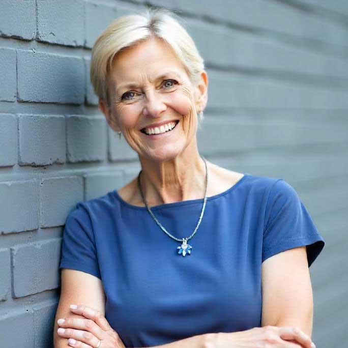Smiling woman in blue shirt by brick wall.