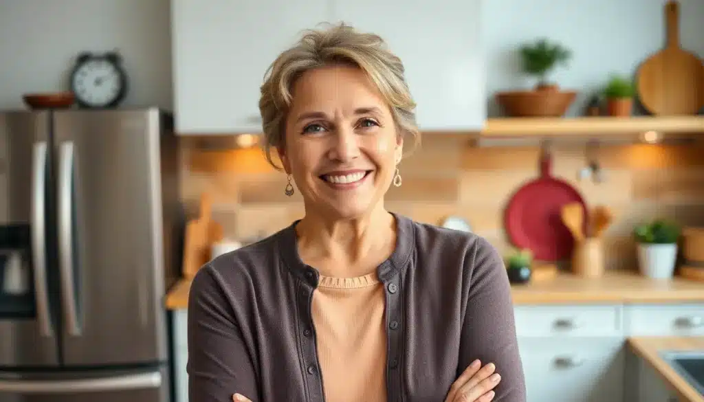 A Woman Smiling In A Kitchen With Arms Crossed. The Background Shows A Refrigerator, Cabinets, And Kitchen Utensils.