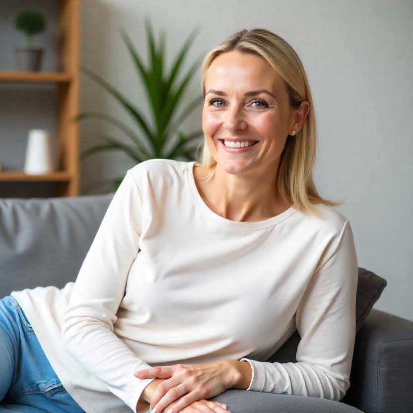 Smiling woman relaxing on couch at home.