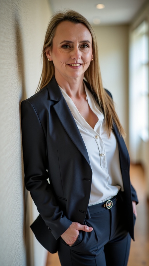 Smiling woman in business suit, leaning against wall.
