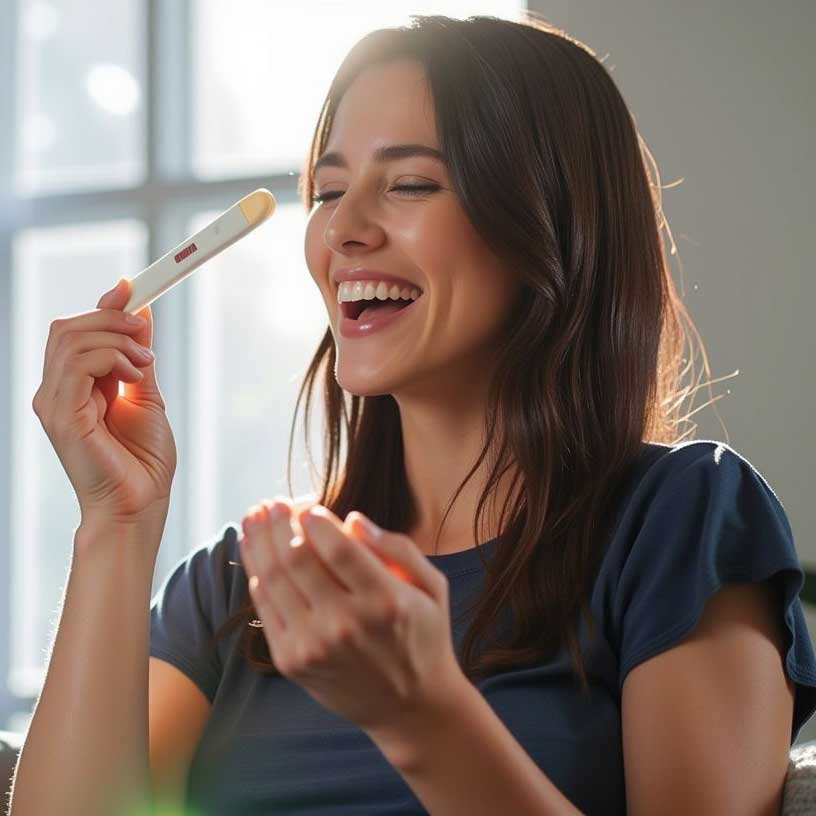 Smiling woman holding a pregnancy test.
